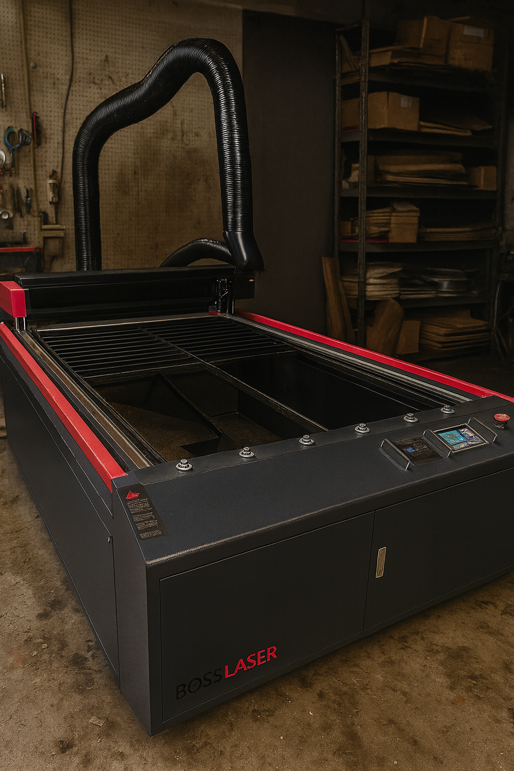 Industrial 4x8 CNC laser cutting table processing custom design sheet work inside production shop
